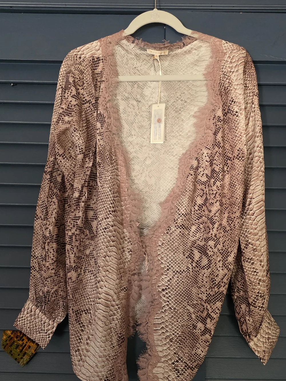 SILK Snake-Print Lace-Trim Open Cardigan in Blush Pink